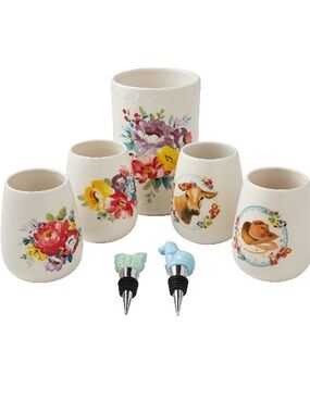 The Pioneer Woman Sweet Rose 7-Piece Stoneware Stemless Wine Glasses Set/Chiller